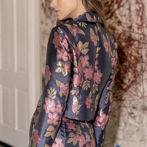 NWT Lulus Bloom Boldly Navy Blue Floral Satin Jacquard Cropped Blazer - Picture 2 of 11